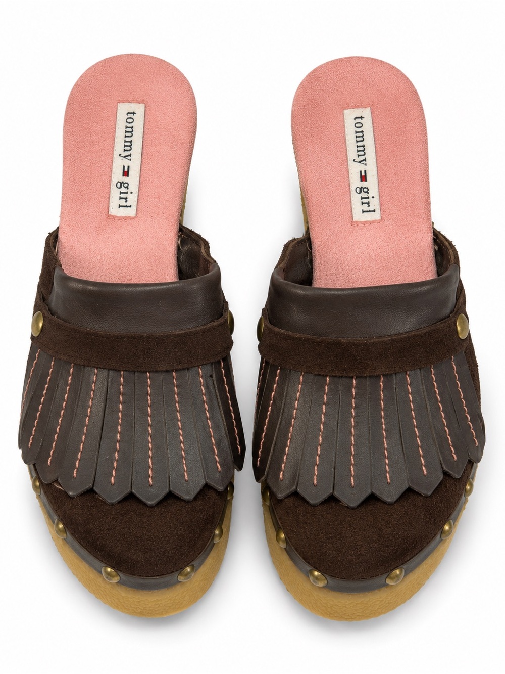 Tommy Girl Brown Leather Fringe Studded Wedge Mule Sandals 8.5M Preppy Boho Y2K